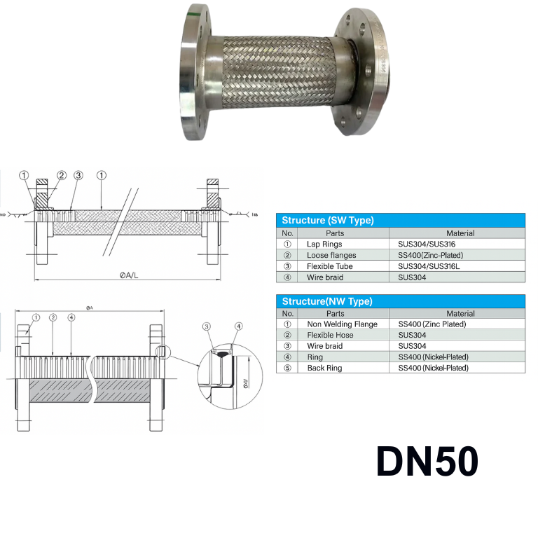 Khớp nối mềm inox DN50 mặt bích