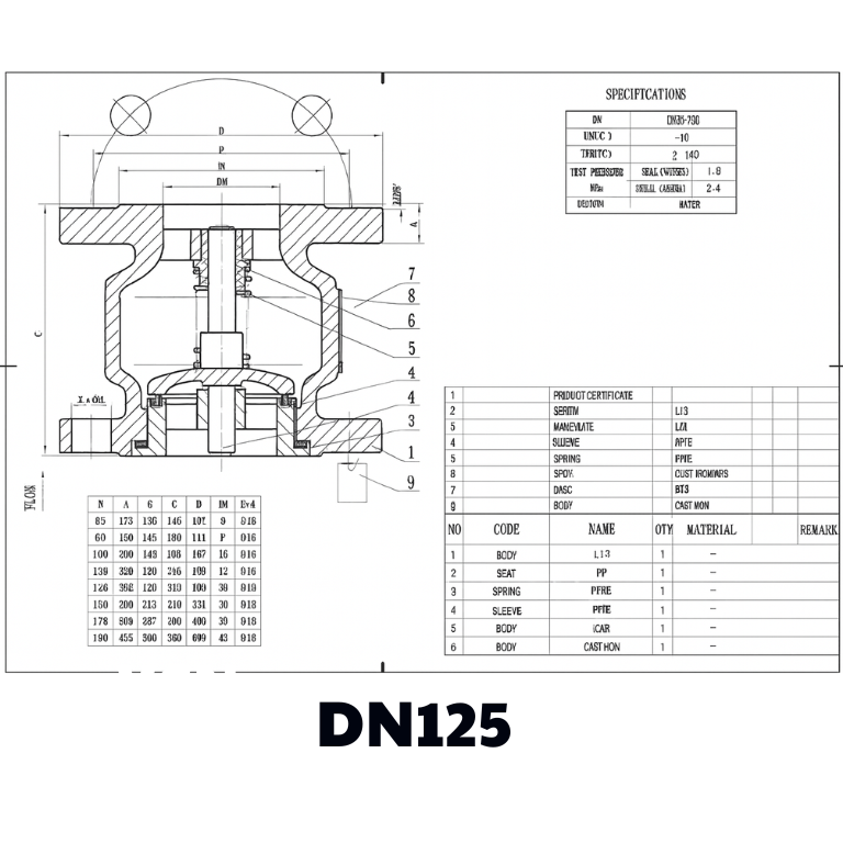 Van 1 chiều gang lò xo DN125
