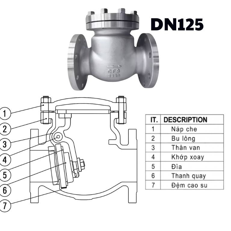 Van 1 chiều lá lật inox mặt bích DN125