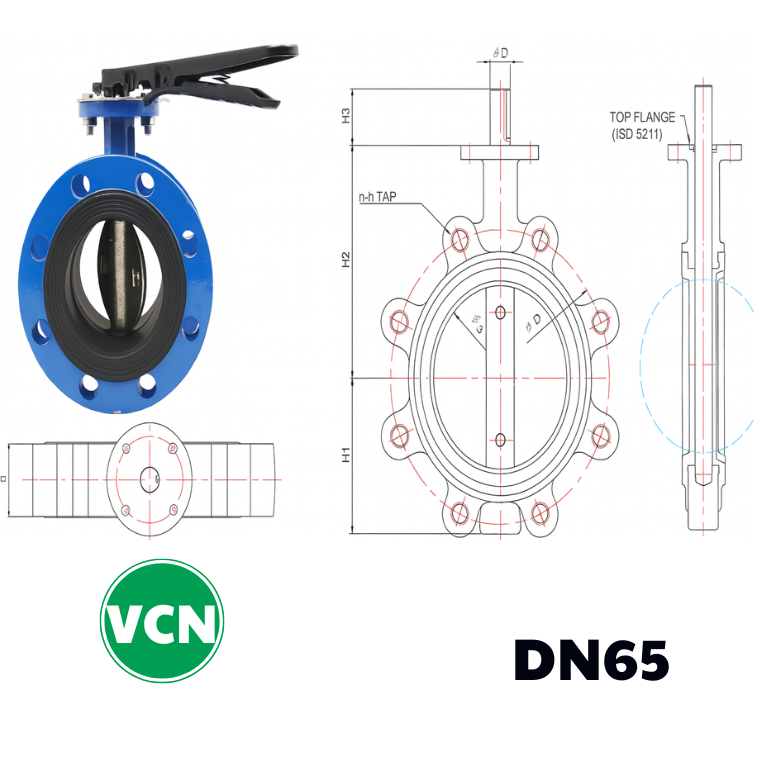 Van bướm mặt bích tay gạt DN65