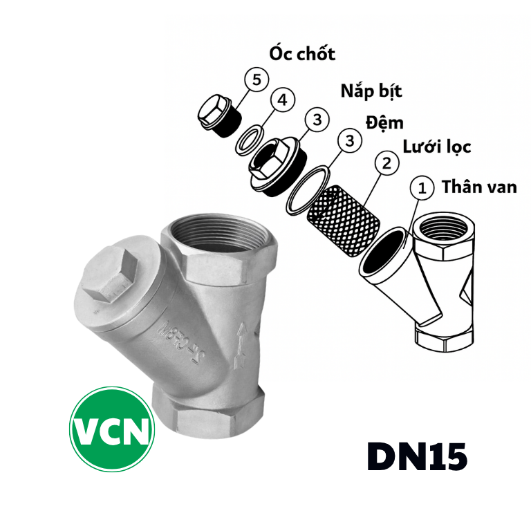 Y lọc inox nối ren DN15