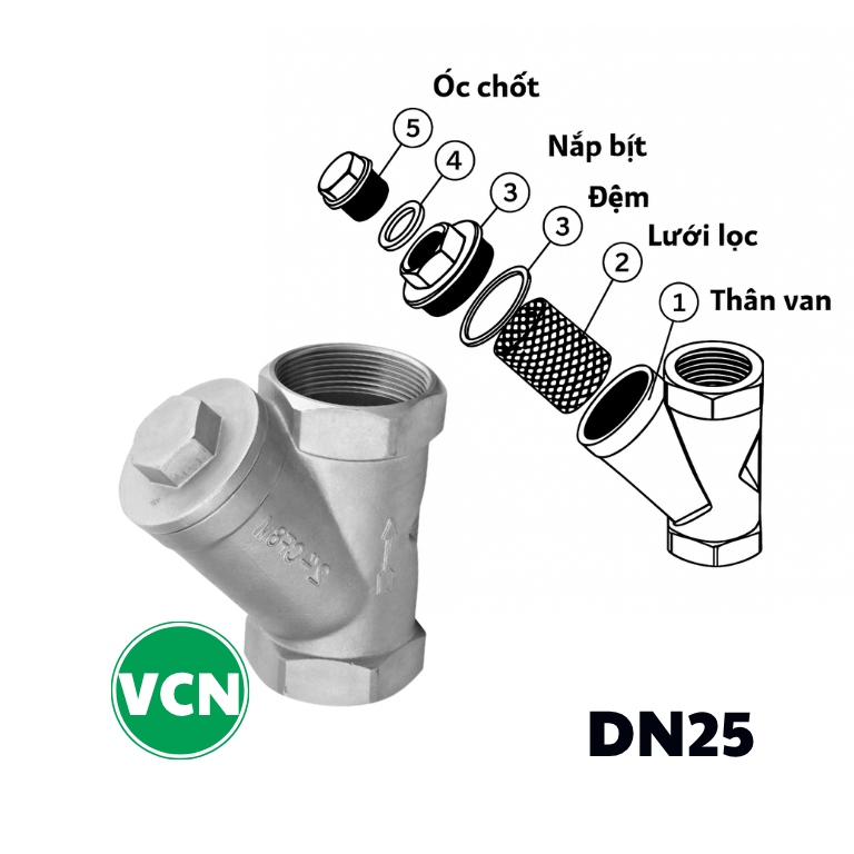 Y lọc inox nối ren DN25